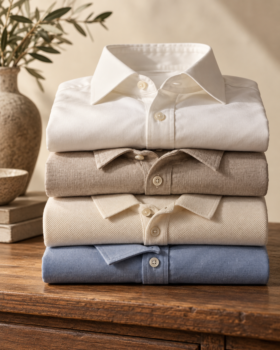 Camisas y polos de calidad doblados cuidadosamente en tonos neutros